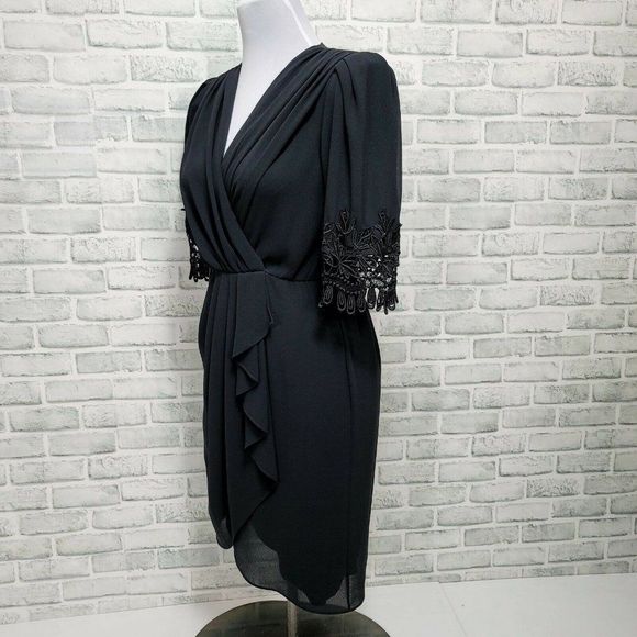 Vintage 80s 90s Ursula of Switzerland Black Surplice Faux Wrap Sheath Dress - Picture 4 of 10